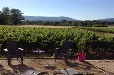 terrasse face aux vignes avec un salon de jardin
