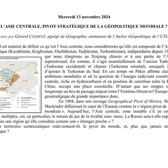 Conférence UTL : « L’ASIE CENTRALE, PIVOT STRATÉGIQUE DE LA GÉOPOLITIQUE MONDIALE ? »