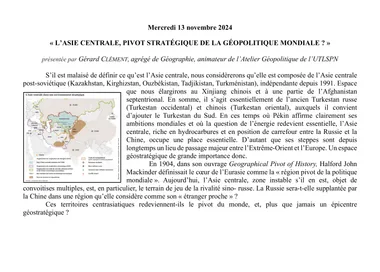 Conférence UTL : « L’ASIE CENTRALE, PIVOT STRATÉGIQUE DE LA GÉOPOLITIQUE MONDIALE ? »